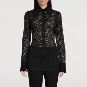 Proenza Schouler Womens Blouse Size 6 Black Stretch-Lace Shirt Designer Collar